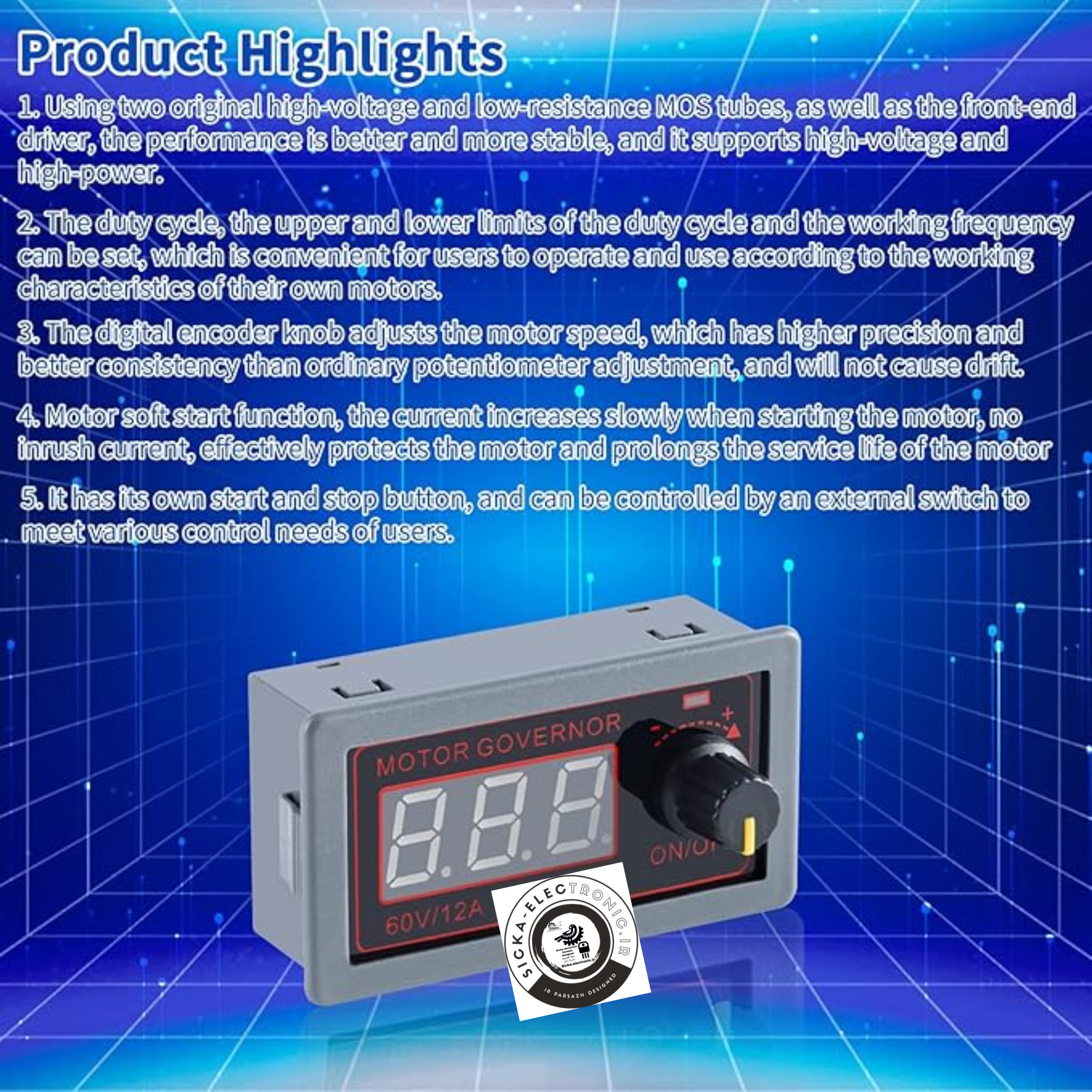 کنترل و درایور موتور دی سی PWM-500W  دیجیتال ۵۰۰ وات ۹ تا ۶۰ ولت دی سی/DC-PWM کنترل موتور و پمپ وکیوم و پمپ آب DC ۱۲ و ۲۴ DC